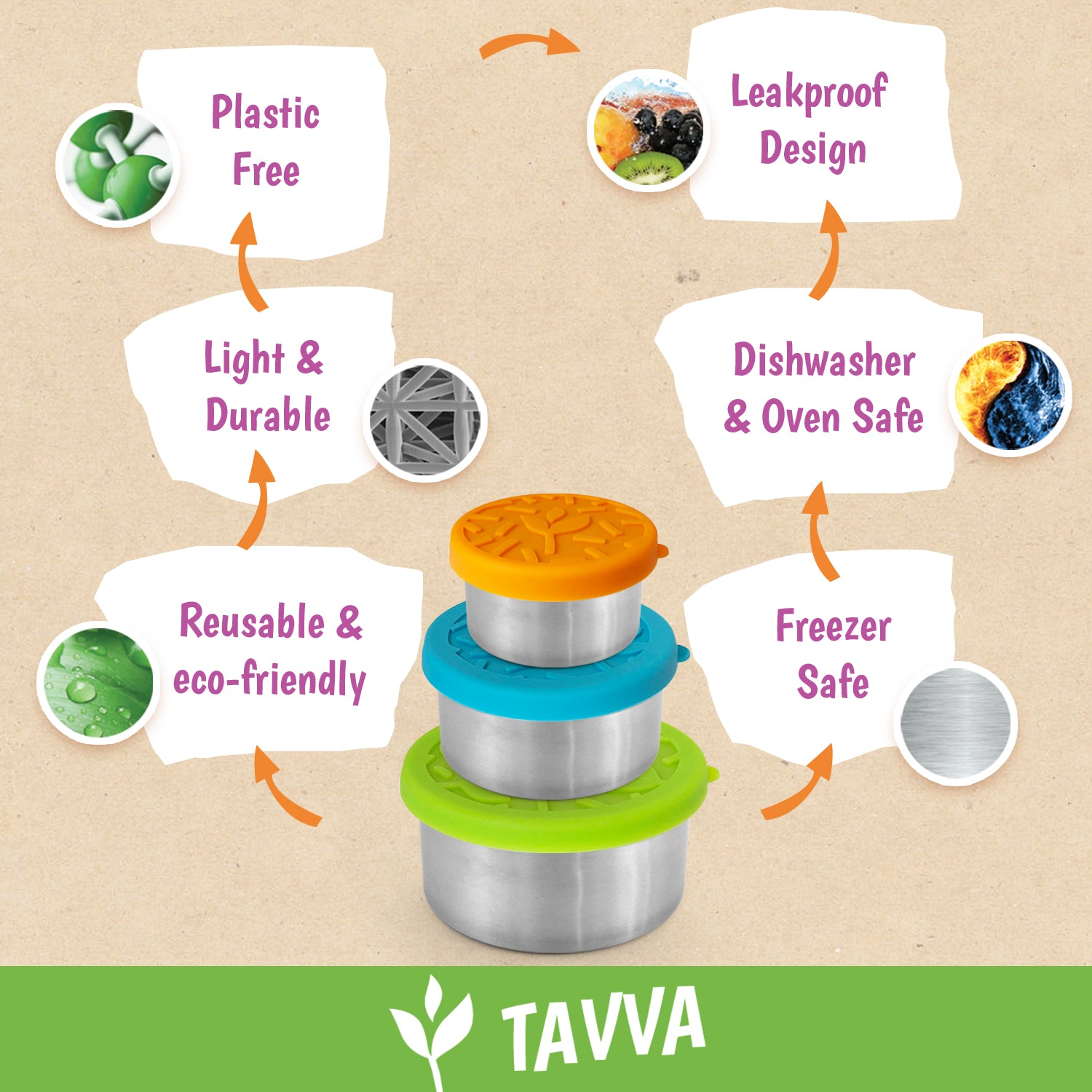 Tavva® Snack Deluxe Stainless Steel Containers Set of 3