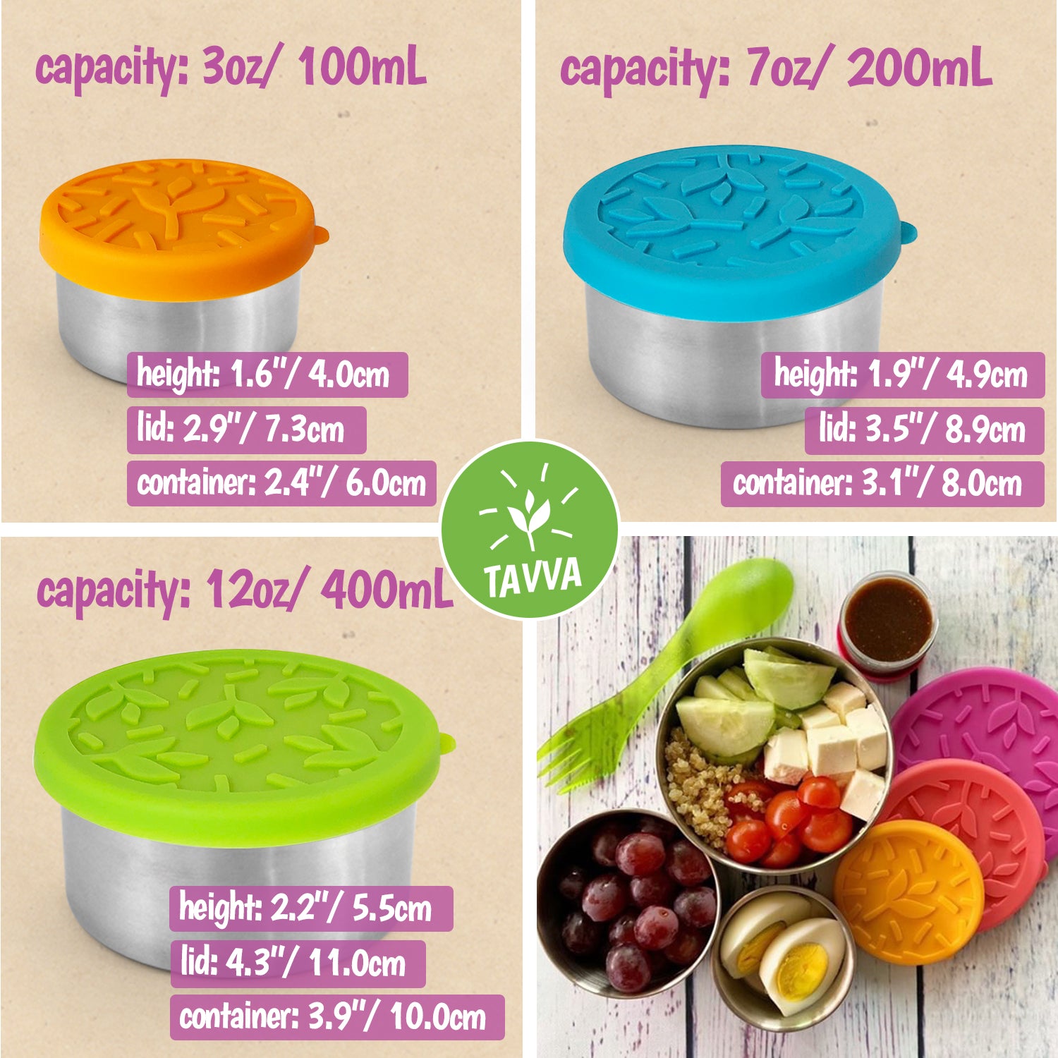 Tavva® Snack Deluxe Stainless Steel Containers Set of 3