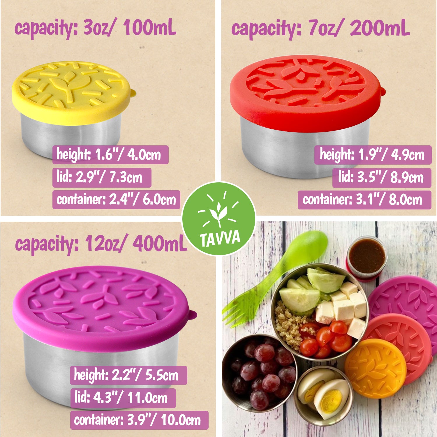 Tavva® Snack Deluxe Stainless Steel Containers Set of 3