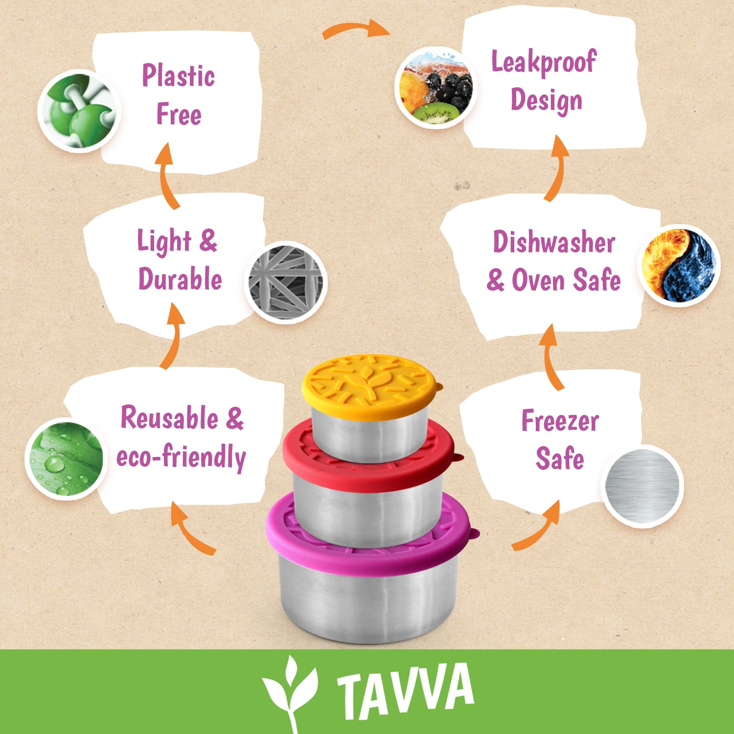 Tavva® Snack Deluxe Stainless Steel Containers Set of 3