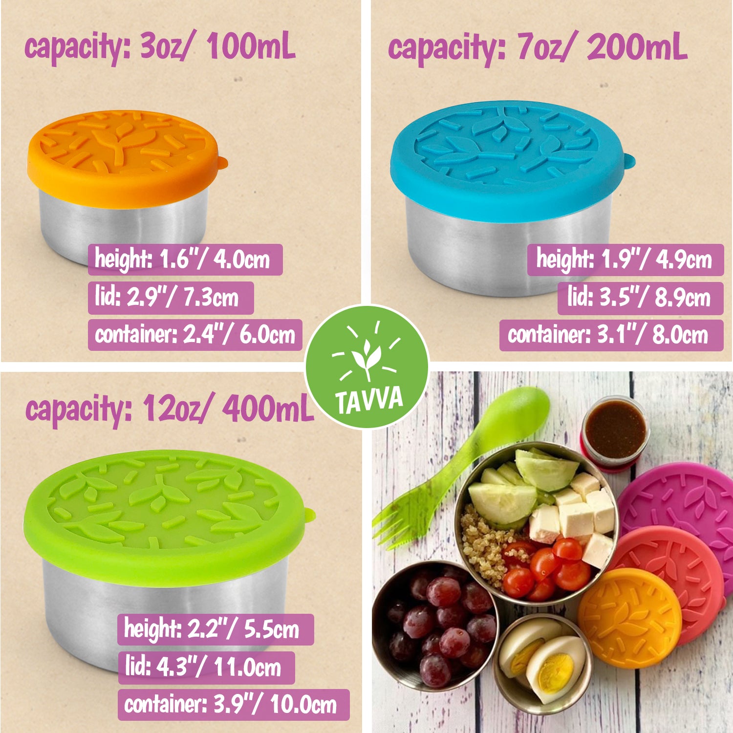 AMAZING CONTAINERS| Set of 3 Stainless Steel Containers with Silicon Lids |  On the go fruits and Snack Containers for Toddlers and Kids | Easy Open