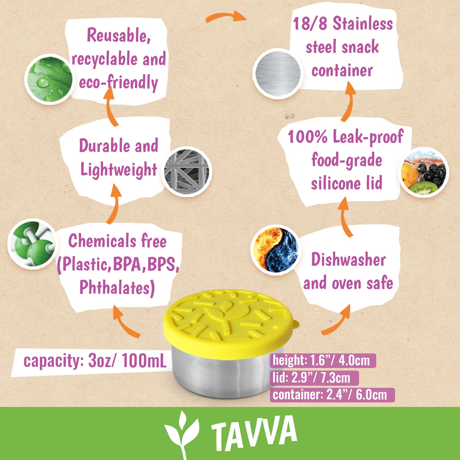Talva Tavva® Solo Small 3 oz Deluxe Stainless Steel Container [Set of 4 ...