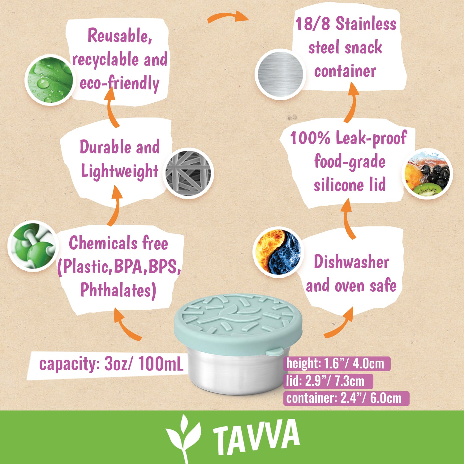 Tavva® Solo Small 3 oz Deluxe Stainless Steel Container [Set of 4]