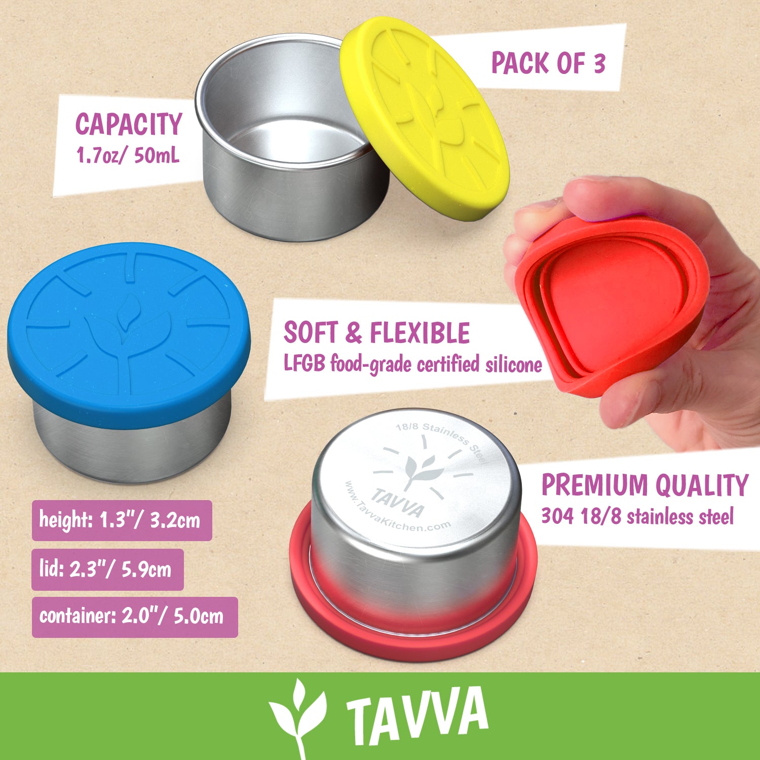 Tavva Dips 3x1.7 oz Stainless Steel Containers Set