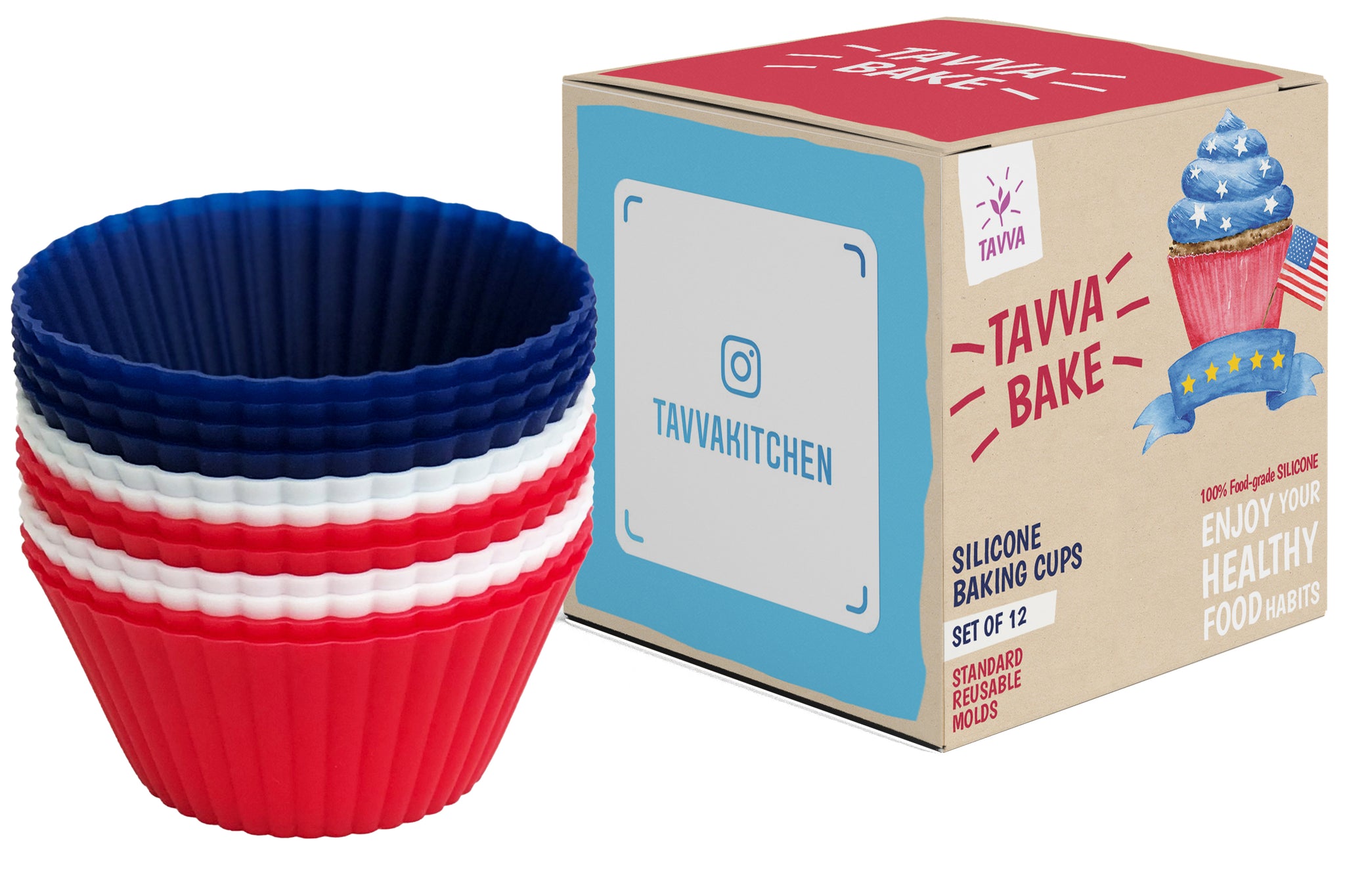 Silicone Cupcake Baking Cups Liners, 12 Pack, Blue/White/Red - TAVVA Kitchen